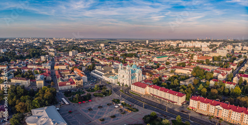 Aerial panorama of the center of Grodno in Belarus. View of Sovetskaya Square, Farny Church and Old Town
