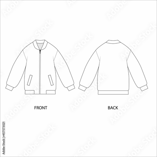 Zipped bomber jacket design template. Jacket with zipper technical sketch. Bomber jacket,  vector.