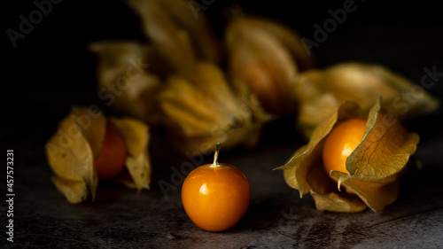 Fruits and leaves of physalis peruviana in orange and brown tones on a dark background