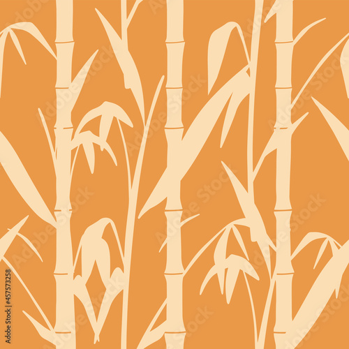 Fototapeta Naklejka Na Ścianę i Meble -  Japanese style seamless pattern with young bamboo stem and floral motif. Vector seamless background orange and beige tile.