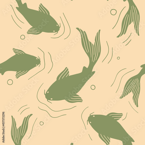 Japanese style seamless pattern with koi fish and pond motif. Vector seamless background green and beige tile.