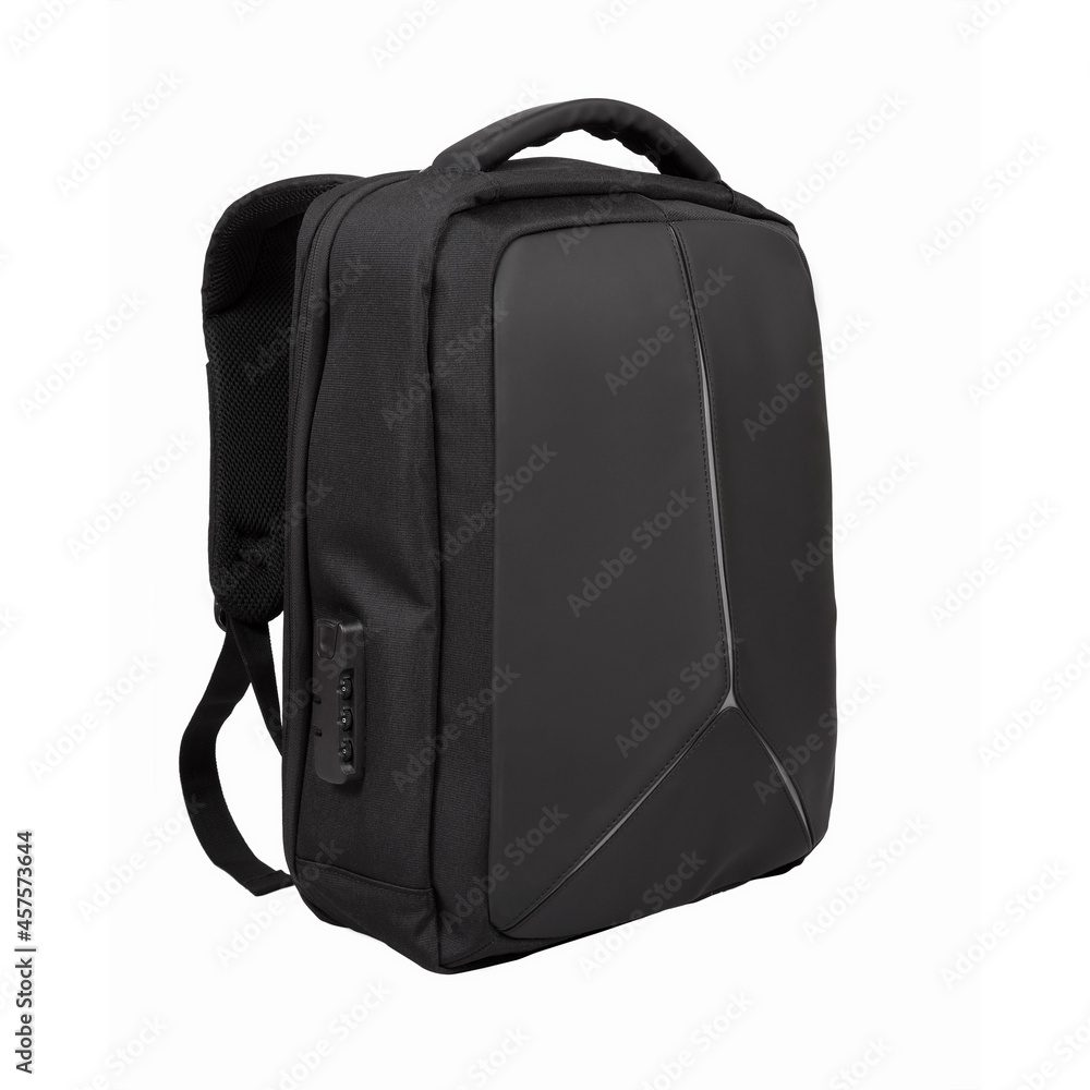 Modern black laptop backpack with combination lock isolated on white background. - obrazy, fototapety, plakaty 