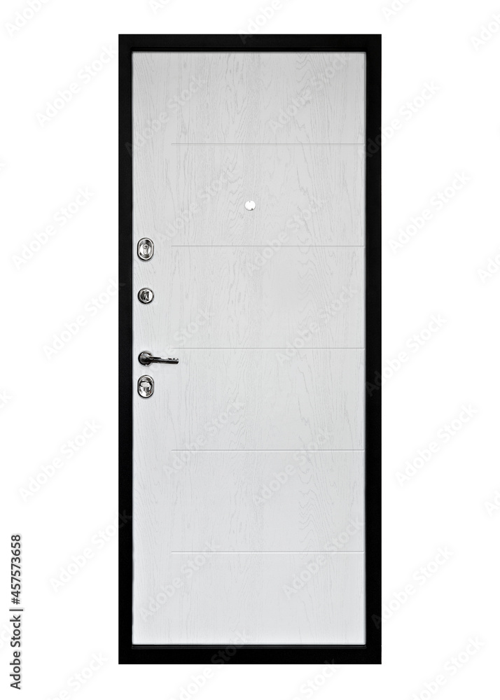 The inner side of the gray wooden front door with metal handle isolated on white background The inner side of the gray wooden front door with metal handle isolated on white background