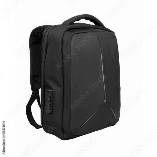 Modern black laptop backpack with combination lock isolated on white background.