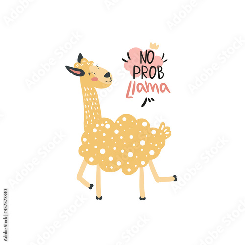 Vector funny cartoon llama in trendy style. Scandinavian style. Yellow cute Llama and hand drawn elements. No probLlama lettering. Childish texture, nursery print, motivation card