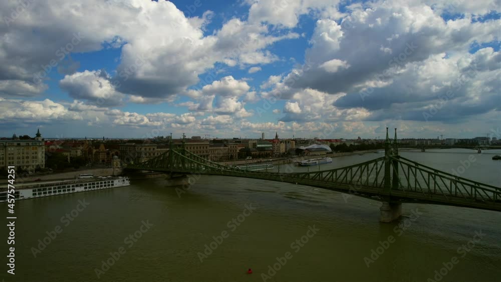 Aerial view of the Liberty Bridge in Budapest and Danube river Aerial view of the Liberty Bridge in Budapest and Danube river