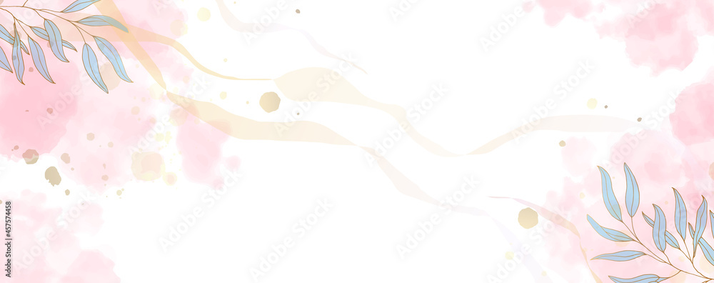 Luxurious golden wallpaper and graceful branches with leaves. White