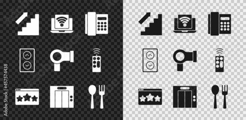 Set Stairs up, Wireless laptop, Telephone handset, Five stars rating review, Lift, Fork spoon, and Hair dryer icon. Vector