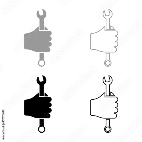 Wrench hexagon in hand tool in use Arm Spanner Mechanic engineer instrument set icon grey black color vector illustration flat style image photo