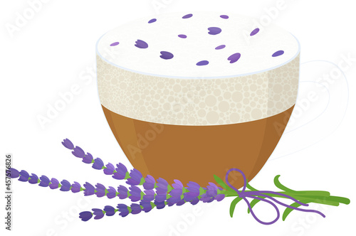 Lavender raf coffee in transparent glass cup. Vector illustration isolated on   white background