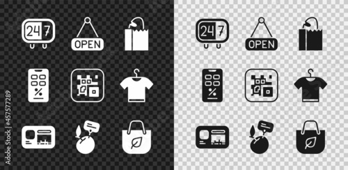 Set Clock 24 hours, Hanging sign with Open, Paper bag bread loaf, Identification badge, Supermarket food products price label, Shopping recycle, Percent discount and mobile and QR code icon. Vector