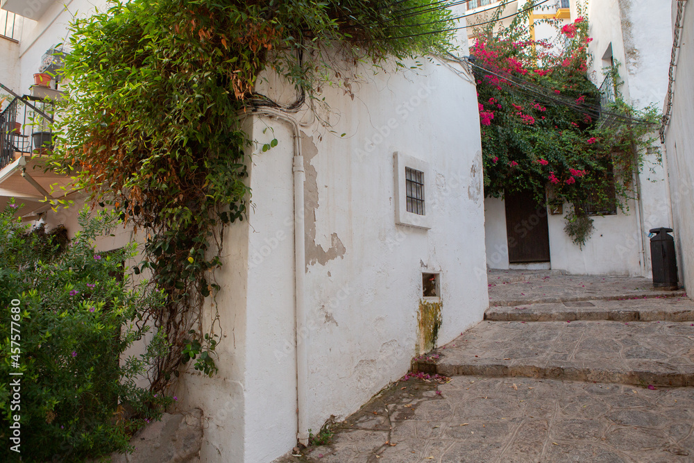 Fototapeta premium The architecture of the island of Ibiza. A charming empty white street in the old town of Eivissa