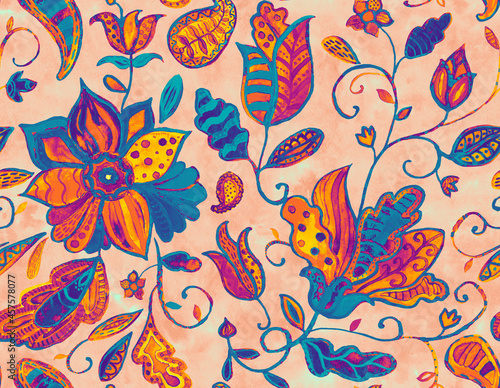 Paisley watercolor floral pattern tile: flowers, flores, tulips, leaves. Oriental indian traditional hand painted water color whimsical seamless print, ceramic design. Abstract india batik background