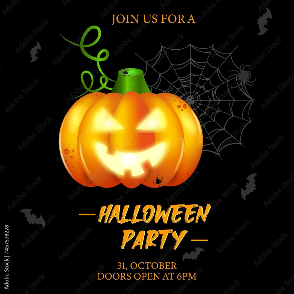 Halloween Poster. Orange pumpkin with bat and spider. Spider Web background. Halloween Halloween Poster. Orange pumpkin with bat and spider. Spider Web background. Halloween