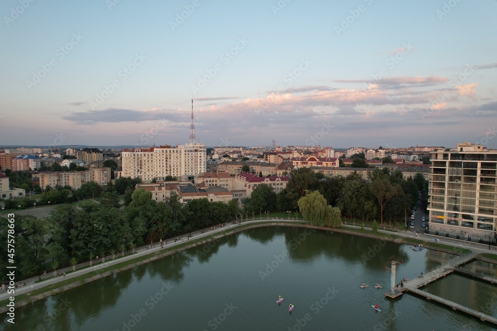 Obraz premium Aerial view of the city at sunset. Big city in Ukraine. Panoramic view.