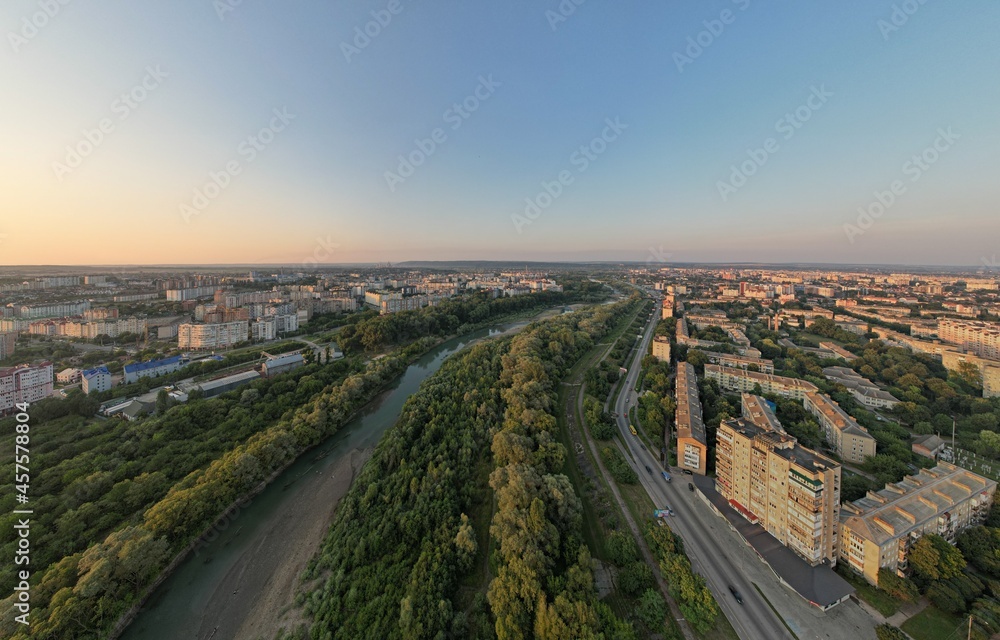 Aerial view of  the city at sunset.  Big city in Ukraine. Panoramic view.