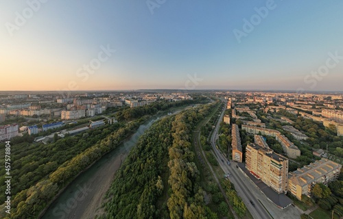 Aerial view of the city at sunset. Big city in Ukraine. Panoramic view.