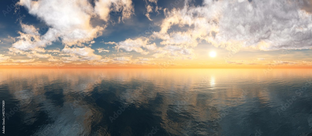 Beautiful sea sunset, ocean sunrise among the clouds, light above the water surface, 3D rendering - obrazy, fototapety, plakaty 