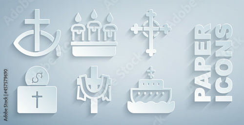 Set Christian cross, Donation for church, Ark of noah, Burning candle in candlestick and fish icon. Vector
