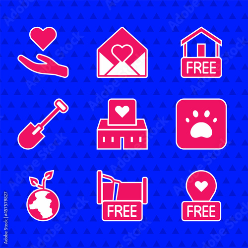 Set Volunteer center, Free overnight stay house, Location with heart, Paw print, team planting trees, Shovel, home delivery and Heart hand icon. Vector