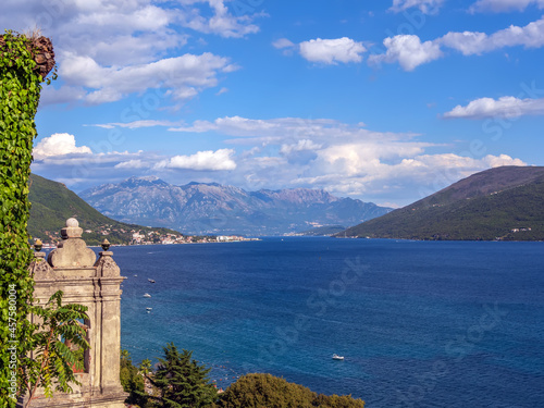 View to Mediterranean sea bay. Seascape. Sea and mountains.