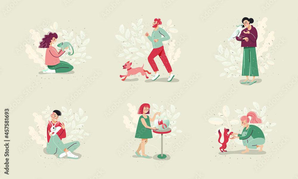 Set of happy pet owners. A girl with a chameleon, a man jogging with a dog, a woman holding a cockatoo parrot, a young man hugging a rabbit, a girl feeding a fish in an aquarium, a girl playing with a Set of happy pet owners. A girl with a chameleon, a man jogging with a dog, a woman holding a cockatoo parrot, a young man hugging a rabbit, a girl feeding a fish in an aquarium, a girl playing with a