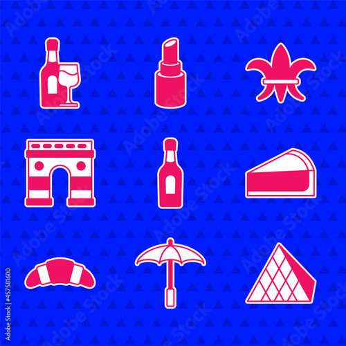 Set Champagne bottle, Umbrella for beach, Louvre glass pyramid, Cherry cheesecake slice, Croissant, Triumphal Arch, Fleur De Lys and Wine with icon. Vector