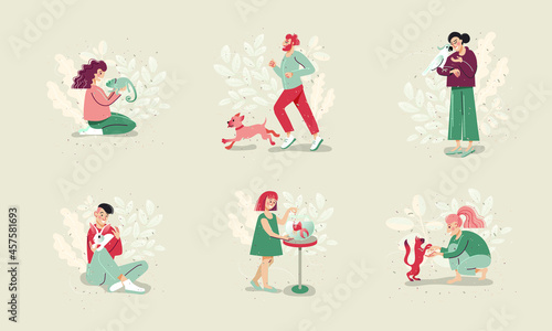 Set of happy pet owners. A girl with a chameleon  a man jogging with a dog  a woman holding a cockatoo parrot  a young man hugging a rabbit  a girl feeding a fish in an aquarium  a girl playing with a