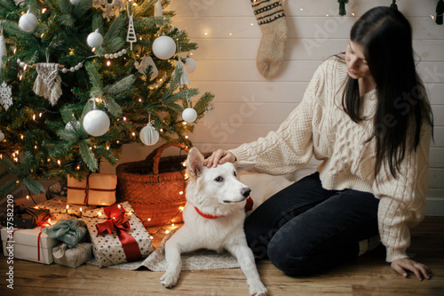 Stylish happy woman in cozy sweater sitting with adorable dog under christmas tree with gifts and lights. Young female caressing cute dog in festive scandinavian room. Pet and winter holidays © sonyachny
