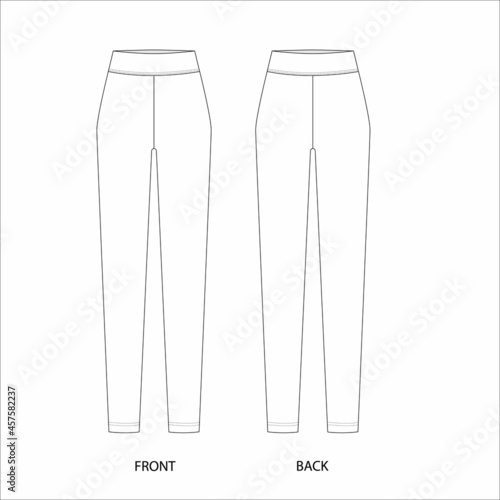 Leggings pants design template. Slim track pants technical sketch. Slim jogging trousers vector illustration.