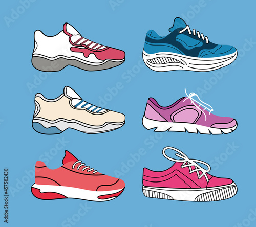 Various shoes icons. Realistic sneakers for men and women. Collection of badges, posters. Picture for shoe store, graphic element for website. Flat vector illustrations isolated on blue background
