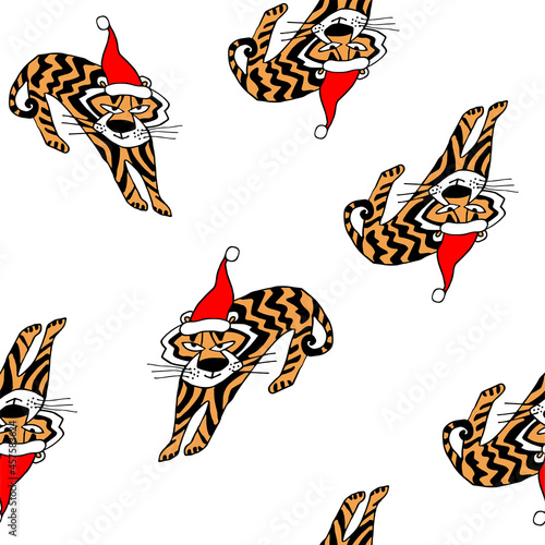 Seamless pattern with Christmas symbol 2022 tiger in red cap drawn by hand isolated on white. Animal of Chinese New Year. Sticker, printing, clip art, package, postcard, poster.