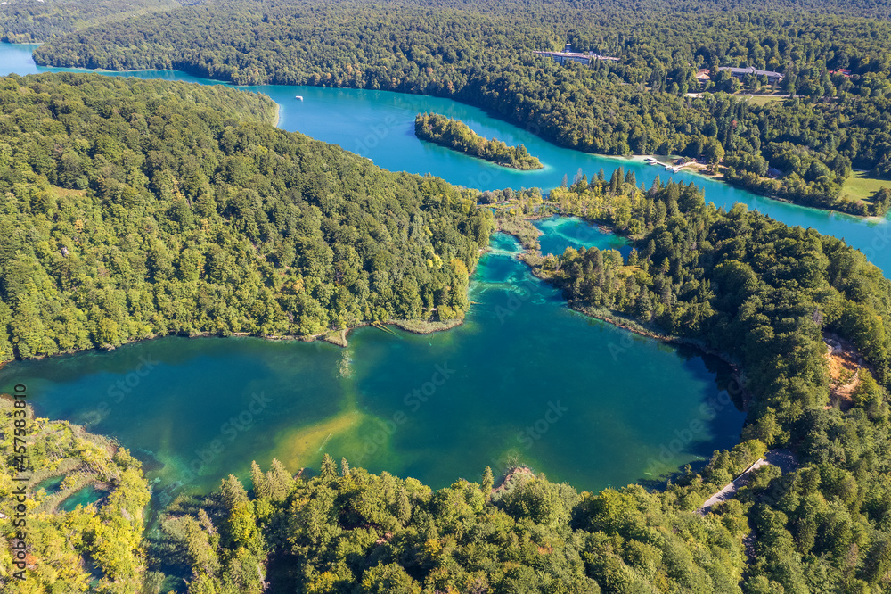 Aerial view of famous Plitvice Lakes with forest at summer in Croatia, Europe