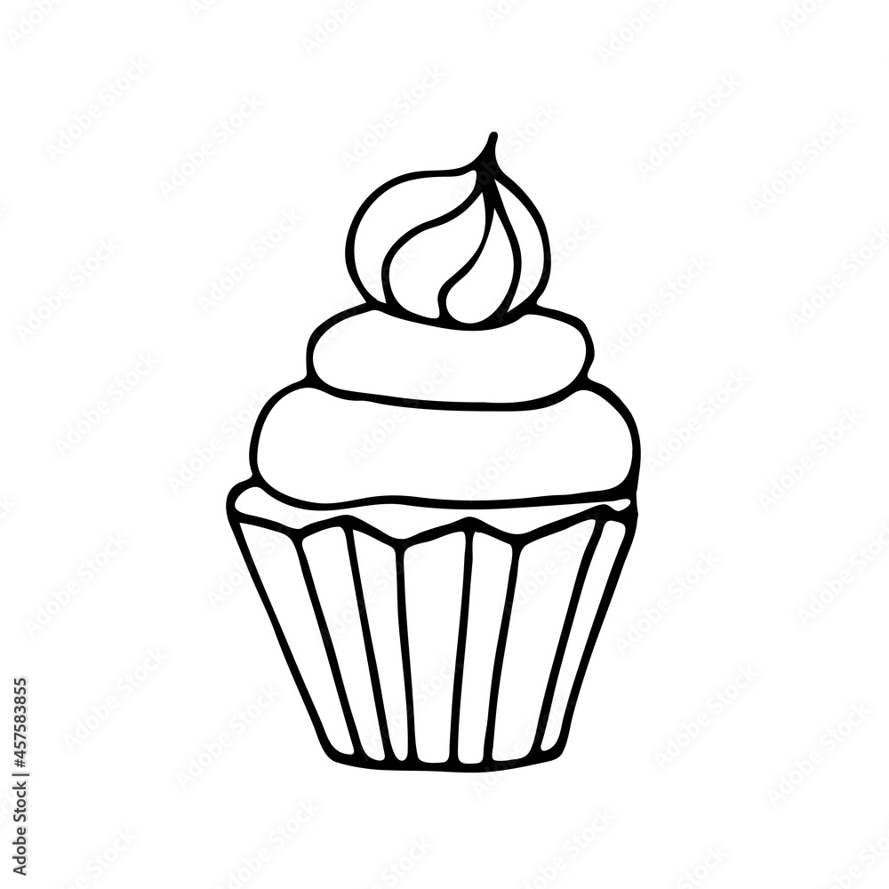 Vector illustration, hand-drawn cupcake in the doodle style. Black and white image. Delicious cupcake for postcards, greetings, the Internet, messages  