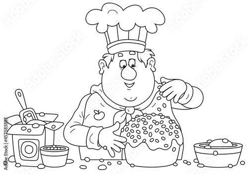 Funny fat cook confectioner standing at his kitchen work table and decorating a fancy cake for a festive dinner, black and white outline vector cartoon illustration