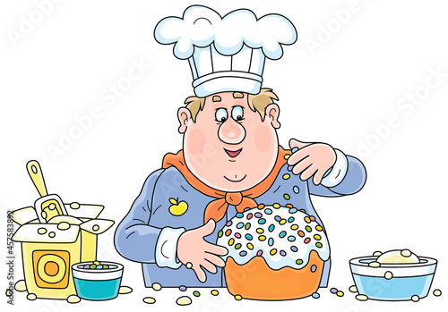 Funny fat cook confectioner standing at his kitchen work table and decorating a fancy cake for a festive dinner, vector cartoon illustration isolated on white