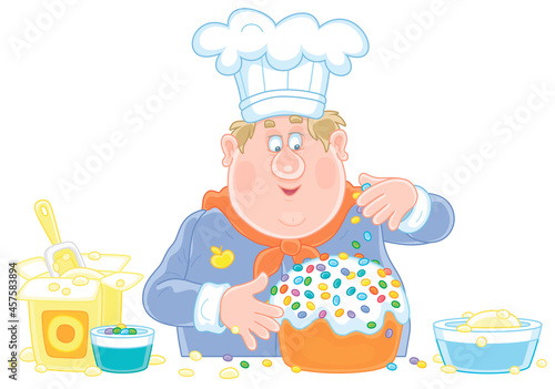 Funny fat cook confectioner standing at his kitchen work table and decorating a fancy cake for a festive dinner, vector cartoon illustration isolated on white