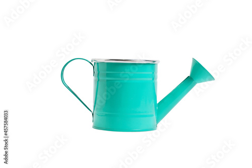 Green watering can on white background, isolate.