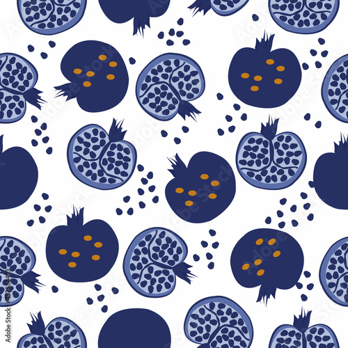 Vector seamless pattern with blue pomegranate fruits and seeds on white background. Design for cosmetics, spa, pomegranate juice, health care products, perfume. Best for textile or wrapping paper