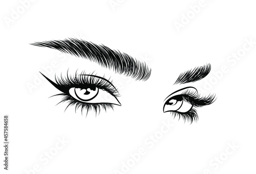 illustration of the eye with luxe makeup and natural eyebrow. Hand drawn vector idea for business visit cards, templates, web, salon banners,brochures. Microblading visit card