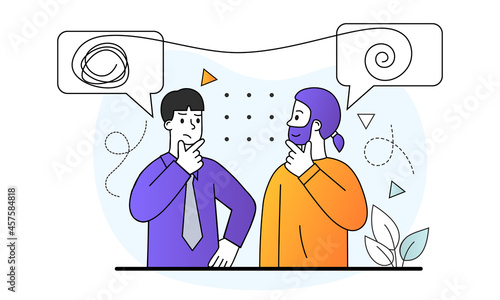 Inner world as thoughts. Men think about their own, thoughtful pose. Employees develop plan, colleagues take break. Work and office. Cartoon flat vecttor illustration isolated on white background