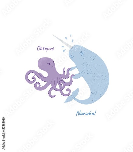 Marine inhabitants cartoon octopus and narwhal isolated sea animals. Vector illustration