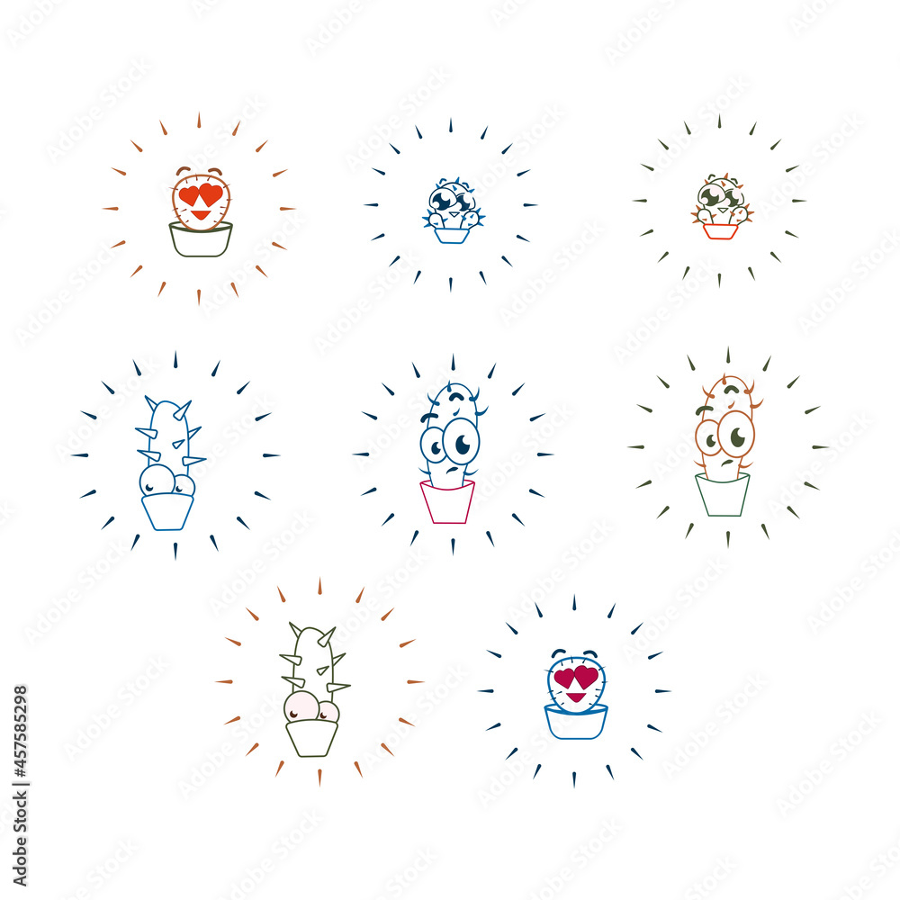 Set with cute vector cacti in pots. A collection of emoticons and emoji cacti Set with cute vector cacti in pots. A collection of emoticons and emoji cacti