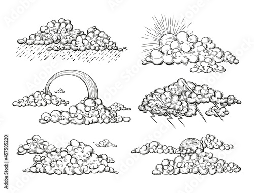 Vector weather elements in sketch style. Illustrations in engraved style different clouds, thunderstorm, rainbow, sun, zippers, raining.