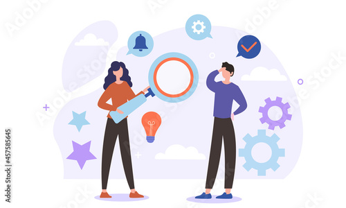 People looking for inspiration. Man props his head with his hand, and woman holds magnifying glass in her hands. Selfdevelopment metaphor. Cartoon flat vector illustration isolated on white background