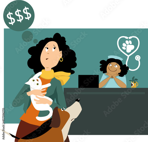 Pet owner with a cat and a dog concerned about high vet bill in the veterinarian clinic, EPS 8 vector illustration