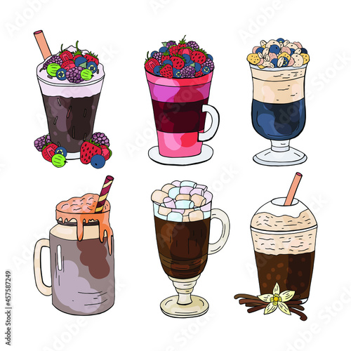 Vector set of fruit and milk and coffee coctails isolated on white background. Different drinks for cafes and restaurants. Drinks for menu - coffee, caramel, vanilla, marshmallow, berries, muesli