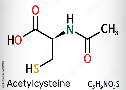 Acetylcysteine, N-acetylcysteine, NAC drug molecule. It is an antioxidant and glutathione inducer. Skeletal chemical formula