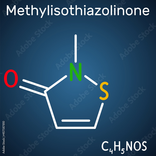 Methylisothiazolinone, MIT, MI molecule. It is preservative, powerful biocide and preservative. Structural chemical formula on the dark blue background