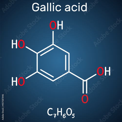 Gallic acid, trihydroxybenzoic acid molecule, is phenolic acid, found in gallnuts, sumac, witch hazel, tea leaves and oak bark. Skeletal chemical formula on the dark blue background